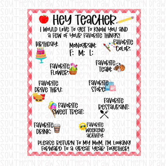 Teacher Info Sheet