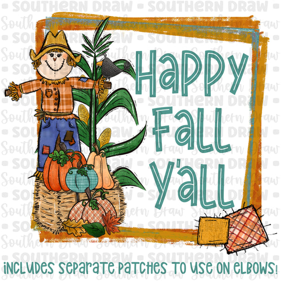 Happy Fall Y'all Scarecrow with elbow patches
